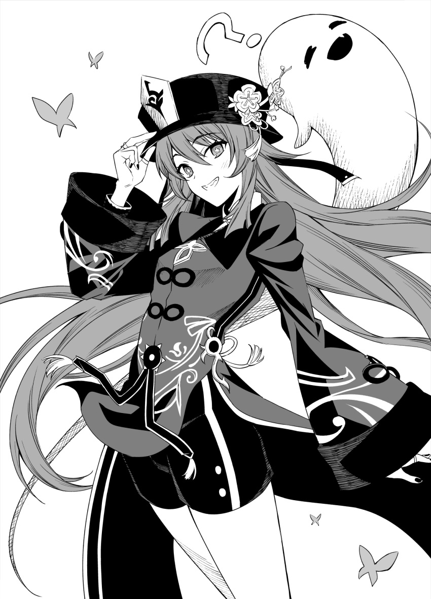 1girl bangs bare_legs blouse bug butterfly chinese_clothes eyebrows_behind_hair eyebrows_visible_through_hair genshin_impact ghost greyscale hair_between_eyes hat highres hu_tao_(genshin_impact) long_hair looking_at_viewer monochrome open_mouth shirt shorts simple_background smile solo takai_isshiki white_background