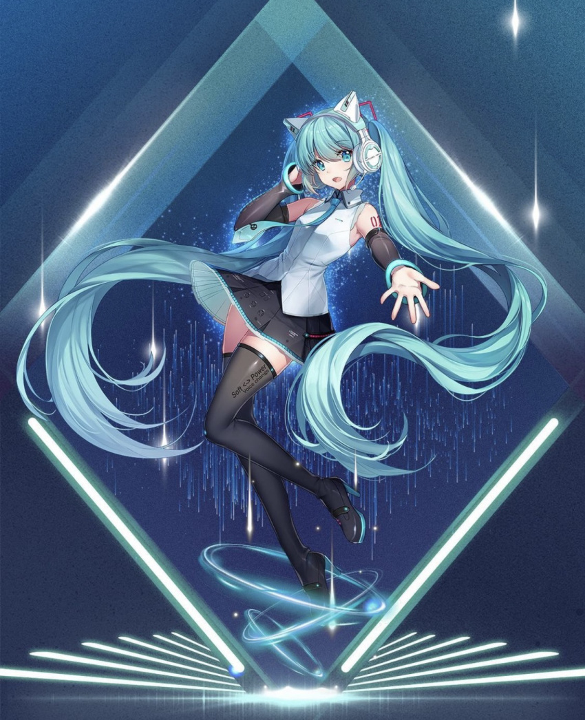 1girl absurdly_long_hair aqua_eyes aqua_hair aqua_nails aqua_necktie bangs bare_shoulders breasts collared_shirt detached_sleeves english_text eyebrows_visible_through_hair floating full_body grey_shirt hatsune_miku headphones headset high_heels highres lace-trimmed_shirt lace_trim long_hair looking_at_viewer mechanical_ears miniskirt necktie open_hand open_mouth reaching_out shirt skirt sleeveless sleeveless_shirt small_breasts smile solo swept_bangs thighhighs twintails very_long_hair vocaloid yowu_chan zettai_ryouiki