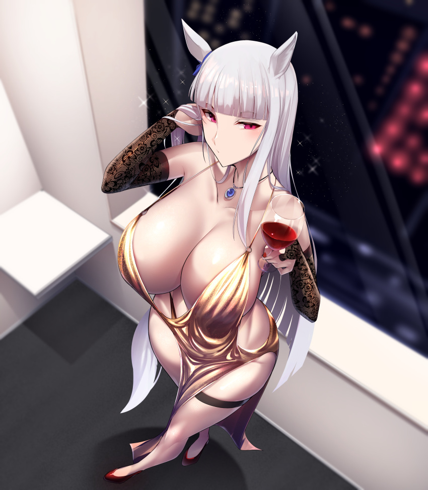 1girl absurdres alcohol animal_ears bangs bare_shoulders big_shine blunt_bangs blush breasts bridal_gauntlets cleavage closed_mouth eyebrows_visible_through_hair from_behind full_body gold_dress gold_ship_(umamusume) hand_in_own_hair highres horse_ears horse_girl horse_tail indoors large_breasts long_hair looking_at_viewer nail_polish red_eyes red_footwear red_nails solo standing tail thigh_strap thighs umamusume white_hair window wine