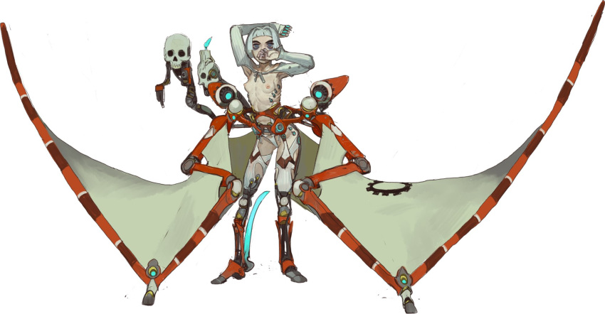 1girl adeptus_mechanicus blue_eyes breasts contrapposto cyborg floating_skull full_body garter_straps hands_up highres large_wings looking_at_viewer mechanical_legs mechanical_parts mechanical_wings mossacannibalis nipples ringed_eyes simple_background small_breasts solo topless warhammer_40k white_background white_hair wings