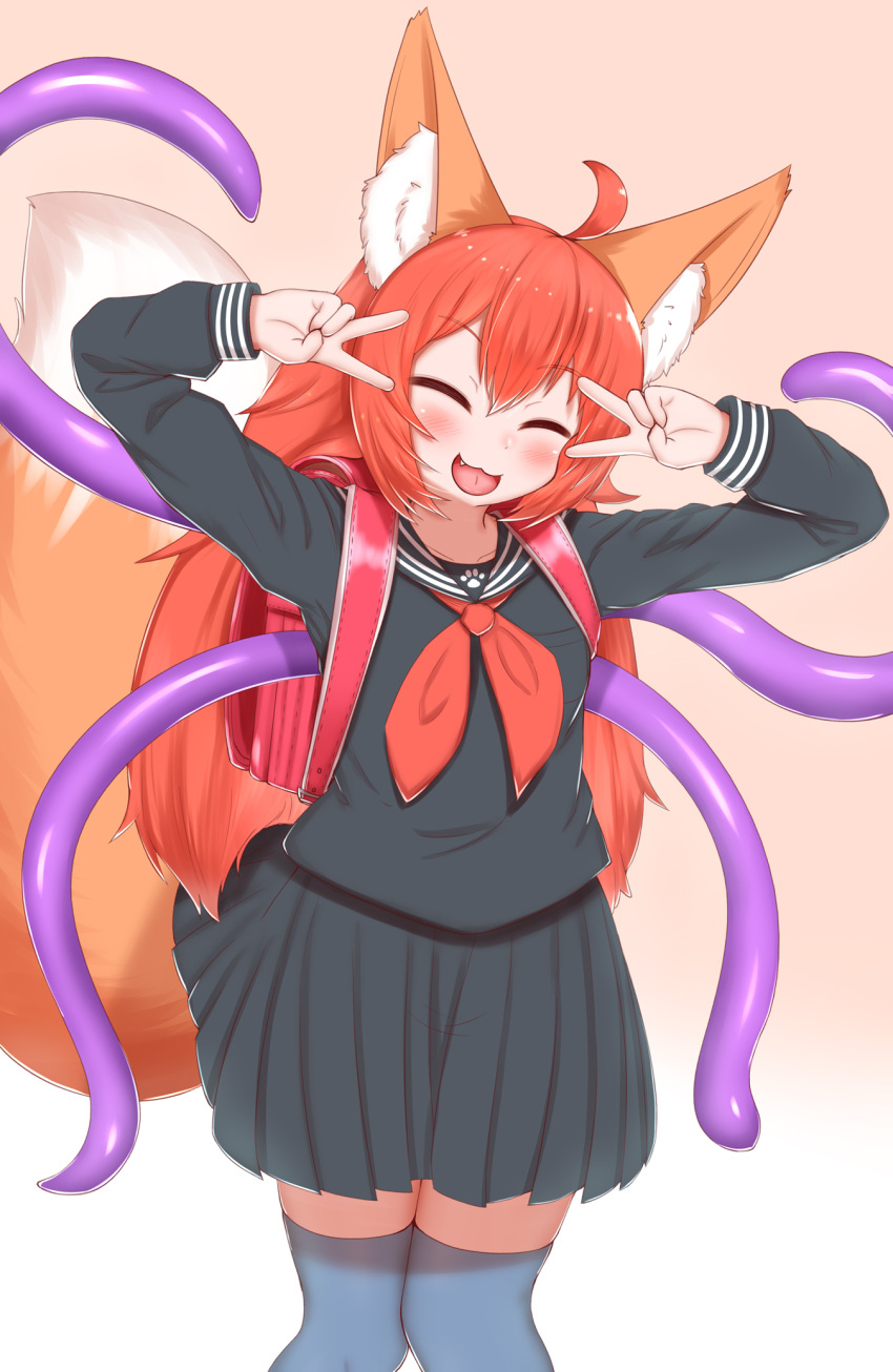 2022 ahoge animal_humanoid backpack blush bottomwear brown_body brown_fur canid canid_humanoid canine canine_humanoid clothing cute_fangs dipstick_tail double_v_sign eyes_closed female fox_humanoid fur gesture hair happy hi_res horokusa0519 humanoid inner_ear_fluff japanese_school_uniform legwear long_hair mammal mammal_humanoid markings multicolored_tail open_mouth open_smile portrait red_hair skirt smile solo tail_markings tentacles thigh_highs three-quarter_portrait tongue tuft v_sign white_body white_fur