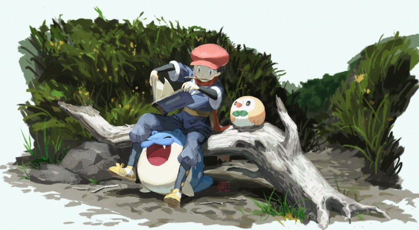 1boy bird black_hair black_shirt book grey_jacket grey_pants hat holding holding_book jacket looking_down male_focus mouth_hold pants pencil pokemon pokemon_(creature) pokemon_(game) pokemon_legends:_arceus ponimu red_headwear rei_(pokemon) rock rowlet shirt shoes short_hair sitting spheal symbol-only_commentary