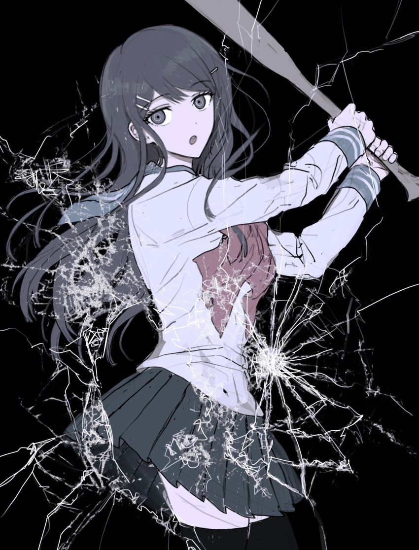 1girl :o bangs baseball_bat black_background black_skirt blue_eyes bow bowtie broken_glass color_request danganronpa:_trigger_happy_havoc danganronpa_(series) eyebrows_visible_through_hair glass grey_shirt hair_ornament hairclip highres holding holding_baseball_bat long_hair long_sleeves maizono_sayaka open_mouth pleated_skirt sailor_collar school_uniform shirt skirt teeth thighhighs upper_teeth vo1ez