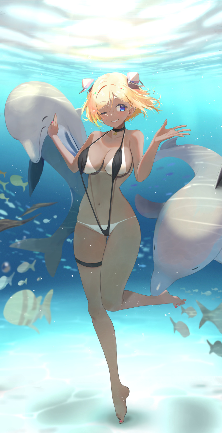 1girl ;) absurdres aki_rosenthal animal barefoot black_choker black_swimsuit blonde_hair breasts choker dolphin fish full_body highres hololive large_breasts looking_to_the_side nail_polish navel one_eye_closed red_nails short_hair slingshot_swimsuit smile solo standing standing_on_one_leg swimsuit tan tanlines toenail_polish toenails twin_(tt_lsh) underwater virtual_youtuber