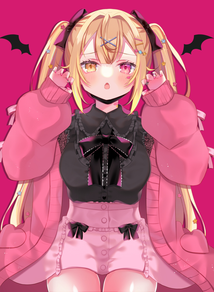 1girl absurdres bandaid bandaid_on_neck bangs black_bow black_shirt blonde_hair blush bow breasts claw_pose collar collared_shirt commentary_request eyebrows_visible_through_hair fingernails frilled_collar frills hair_bow hair_ornament heterochromia highres hoshikawa_sara jacket kakyoxx long_hair long_sleeves looking_at_viewer medium_breasts nijisanji open_clothes open_jacket open_mouth pink_eyes pink_jacket pink_nails pink_skirt shirt skirt smile solo star_(symbol) star_hair_ornament sweater_jacket twintails v-shaped_eyebrows vampire_(vocaloid) virtual_youtuber x_hair_ornament yellow_eyes