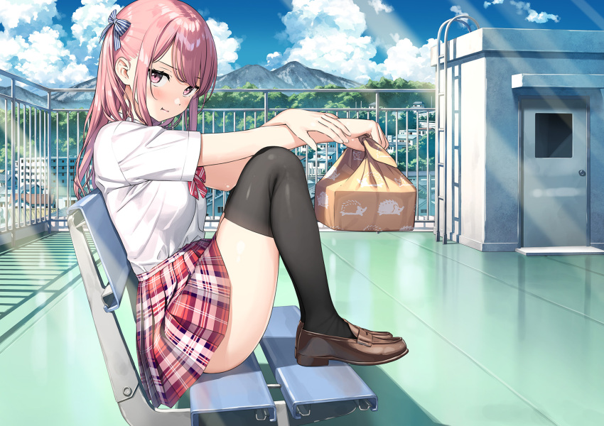 1girl :t bangs bench bento black_legwear blue_bow blue_sky blush bow bowtie breasts brown_footwear closed_mouth commentary day eyebrows_visible_through_hair fence from_side full_body hair_bow highres holding kantoku knees_up kurumi_(kantoku) ladder large_breasts light_rays loafers long_hair looking_at_viewer looking_to_the_side miniskirt mountainous_horizon original outdoors pink_eyes pink_hair plaid plaid_skirt pout red_bow red_bowtie red_skirt rooftop school_uniform shoes short_sleeves sitting skindentation skirt sky solo striped striped_bow sunbeam sunlight thighhighs thighs town v-shaped_eyebrows