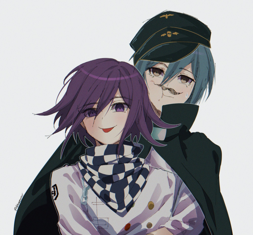 2boys :p alternate_costume bangs black_cape black_headwear borrowed_garments buttons cape checkered_clothes checkered_scarf closed_mouth danganronpa_(series) danganronpa_v3:_killing_harmony double-breasted fake_facial_hair fake_mustache green_hair grey_background grey_jacket highres hinaeorii jacket male_focus medium_hair multiple_boys ouma_kokichi purple_eyes purple_hair saihara_shuuichi scarf shiny shiny_hair short_hair simple_background smile sweatdrop tongue tongue_out upper_body