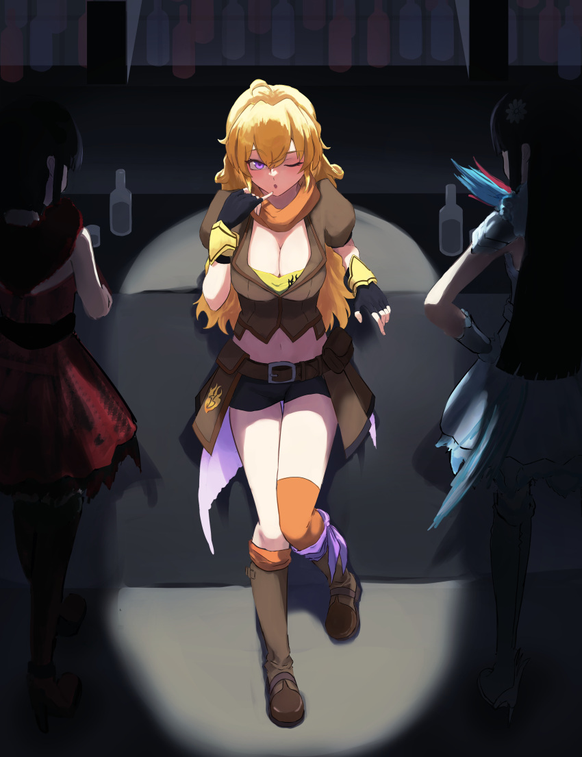 3girls :o ;o absurdres ahoge asymmetrical_legwear bangs bar belt black_gloves black_hair black_shorts blonde_hair boots bottle breasts brown_belt brown_footwear brown_shirt cleavage counter crop_top dress ember_celica_(rwby) eyebrows_visible_through_hair facing_away fingerless_gloves full_body gauntlets gloves hand_up highres large_breasts leaning_back long_hair looking_at_viewer melanie_malachite midriff miltiades_malachite multiple_girls navel one_eye_closed orange_legwear pouch purple_eyes purple_ribbon red_dress ribbon rwby ryoha_kosako shirt short_hair short_shorts shorts siblings single_thighhigh sisters solo_focus spotlight thigh_boots thighhighs thighs twins white_dress yang_xiao_long yellow_shirt