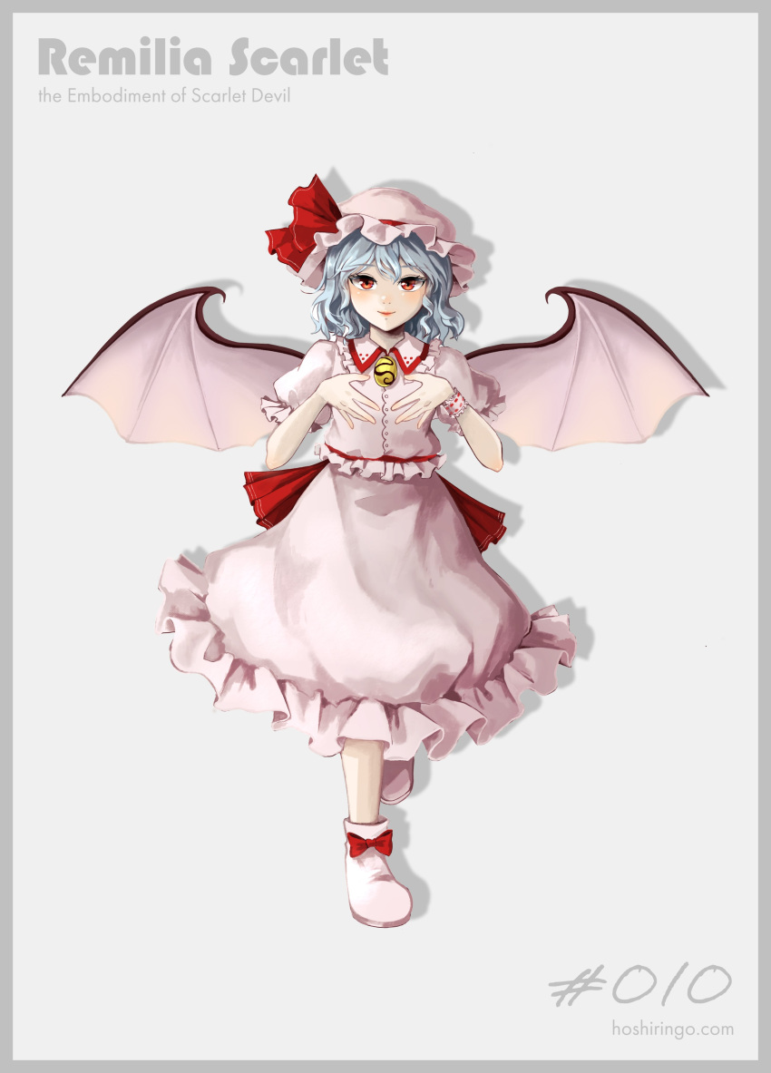 1girl absurdres back_bow bat_wings blue_hair blush border bow brooch character_name closed_mouth collared_shirt commentary_request embodiment_of_scarlet_devil footwear_bow frilled_shirt frilled_shirt_collar frilled_skirt frilled_sleeves frills full_body grey_border happy hat hat_ribbon highres hoshiringo0902 jewelry lips mob_cap pink_footwear pink_headwear pink_shirt pink_skirt puffy_short_sleeves puffy_sleeves red_bow red_eyes red_ribbon remilia_scarlet ribbon shirt short_hair short_sleeves simple_background skirt skirt_set smile solo standing touhou vampire waist_bow white_background white_wings wings wrist_cuffs