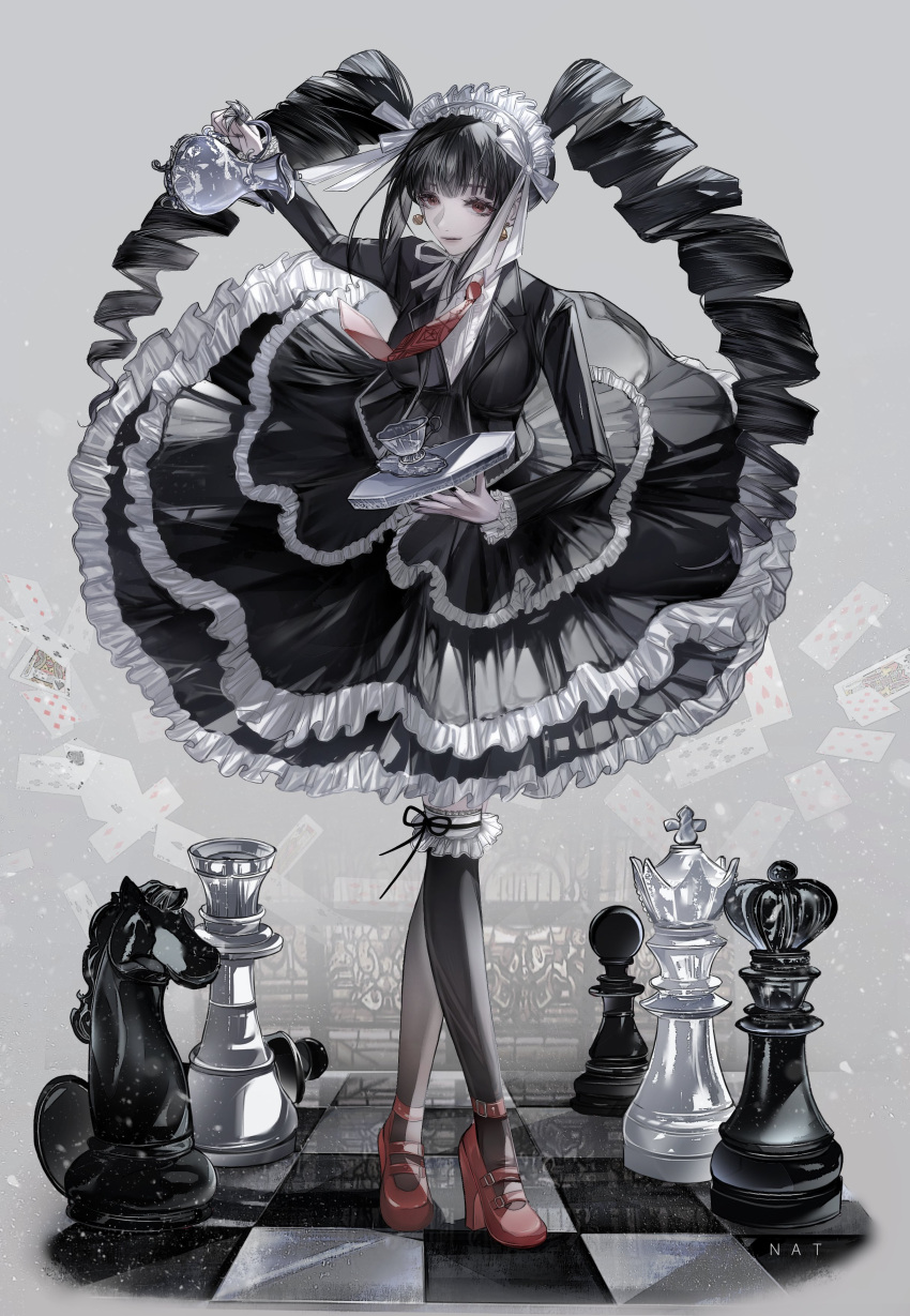 1girl absurdres bangs black_dress black_hair black_legwear celestia_ludenberg checkered_floor chess_piece cup danganronpa:_trigger_happy_havoc danganronpa_(series) dress drill_hair earrings flower frilled_dress frills full_body high_heels highres holding holding_teapot holding_tray jewelry king_(chess) knight_(chess) layered_dress long_hair long_sleeves looking_away maid_headdress nat_nim necktie pawn_(chess) queen_(chess) red_eyes red_flower red_necktie rook_(chess) solo standing teacup teapot thighhighs tray twin_drills twintails