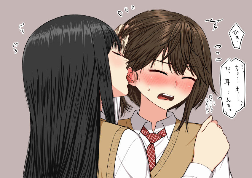 2girls absurdres black_hair blush brown_hair closed_eyes flying_sweatdrops grey_background hand_in_another's_hair hand_on_another's_shoulder highres licking licking_ear long_hair multiple_girls necktie open_mouth original ryuusa school_uniform short_hair sweater_vest tongue tongue_out upper_body yuri