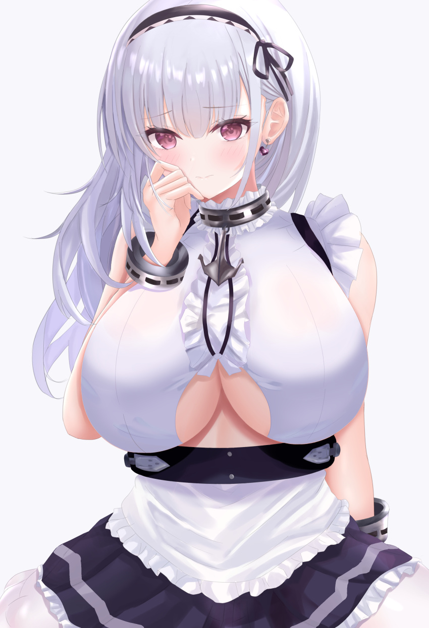 1girl absurdres ana_(vvvvor) anchor_choker anchor_necklace apron azur_lane black_hairband black_skirt breasts center_frills choker clothing_cutout dido_(azur_lane) earrings frilled_choker frills hairband heart heart_earrings highres huge_breasts jewelry lace-trimmed_hairband lace_trim long_hair looking_at_viewer purple_eyes shirt simple_background skirt sleeveless sleeveless_shirt solo underboob underboob_cutout waist_apron white_apron white_background white_hair