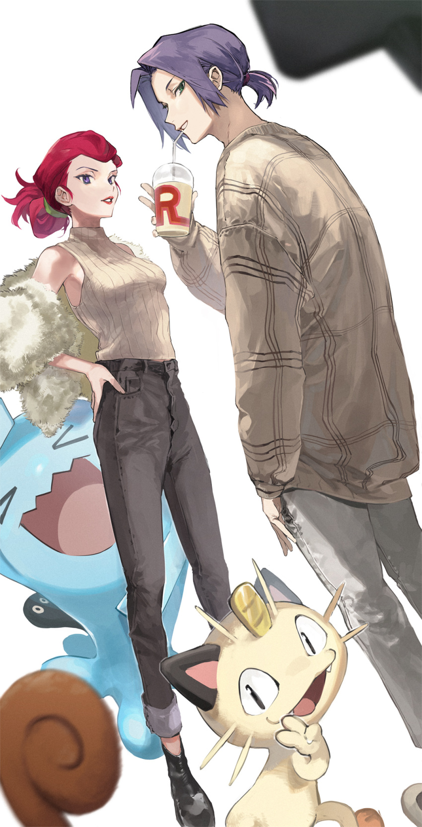 1boy 1girl alternate_costume bare_shoulders black_pants breasts casual cup denim drinking_straw fur_coat green_eyes grey_pants guru_(nicocco) hair_tie hands_on_hips highres holding holding_cup james_(pokemon) jessie_(pokemon) lipstick looking_at_viewer makeup meowth open_mouth pants pants_rolled_up parted_lips pink_hair pokemon pokemon_(anime) pokemon_(creature) ponytail purple_eyes purple_hair red_lips ribbed_sweater short_ponytail sleeveless sleeveless_sweater sleeveless_turtleneck sweater team_rocket teeth thumb_in_pocket turtleneck turtleneck_sweater v wobbuffet