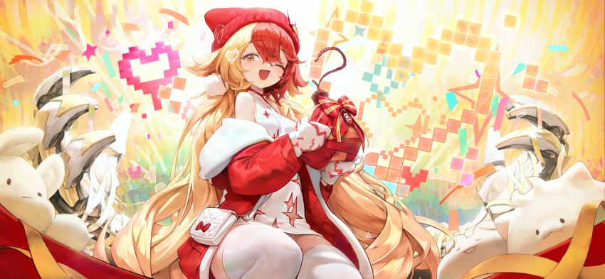 +_+ 1girl absurdres agoto alchemy_stars bag bangs beanie blonde_hair blush bomb confetti dress gronru_(alchemy_stars) handbag hat heart highres holding holding_bomb jacket long_hair mechanical_arms mittens multicolored_hair off-shoulder_shirt off_shoulder official_alternate_costume official_art one_eye_closed open_clothes open_jacket open_mouth pixelated red_hair red_jacket ribbon shirt sitting smile solo stuffed_toy thighhighs two-tone_hair white_dress white_legwear yellow_eyes yellow_ribbon