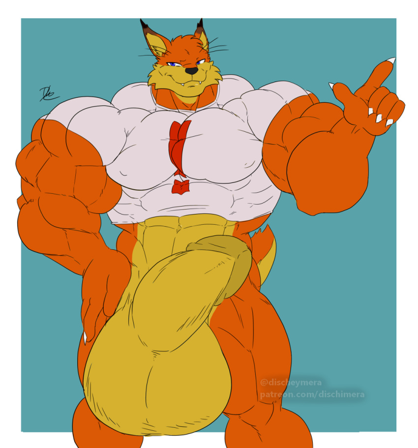 abs anthro balls biceps big_balls big_penis bobcat bubsy bubsy_(series) bubsy_bobcat cocky_smile dischimera disneyishchimera felid feline genitals half_hard hi_res huge_balls huge_penis hyper hyper_balls hyper_genitalia hyper_penis looking_at_viewer lynx male mammal muscular muscular_arms muscular_male muscular_thighs navel nipples pecs penis solo thigh_clothing triceps video_games