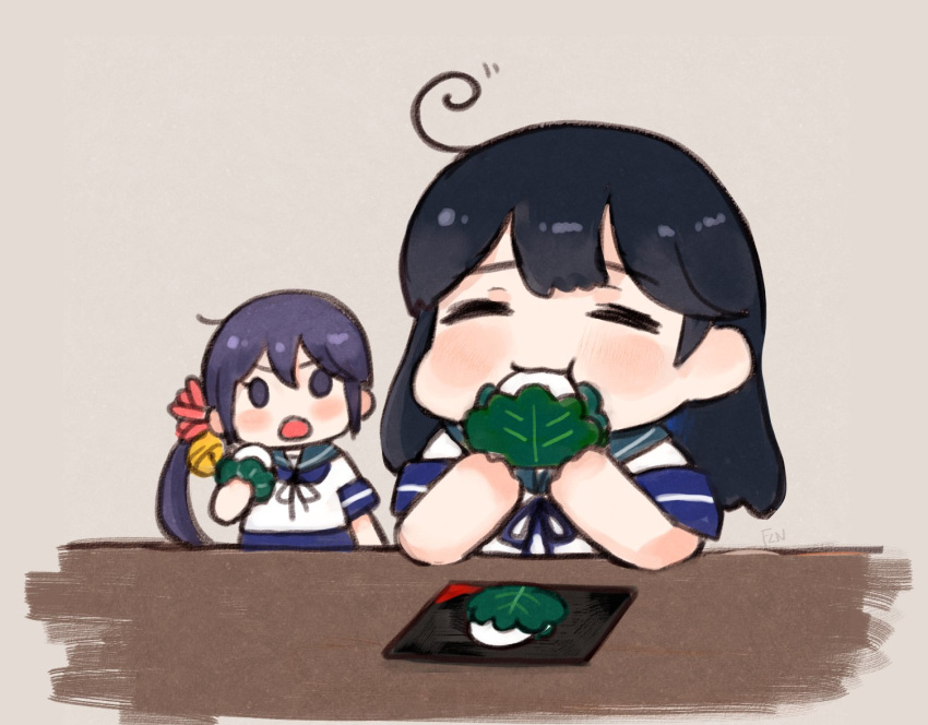 2girls ahoge akebono_(kancolle) bell black_hair blue_sailor_collar closed_eyes eating flower fuzino grey_hair hair_bell hair_flower hair_ornament jingle_bell kantai_collection kashiwa_mochi_(food) long_hair multiple_girls sailor_collar school_uniform serafuku short_sleeves side_ponytail ushio_(kancolle) very_long_hair