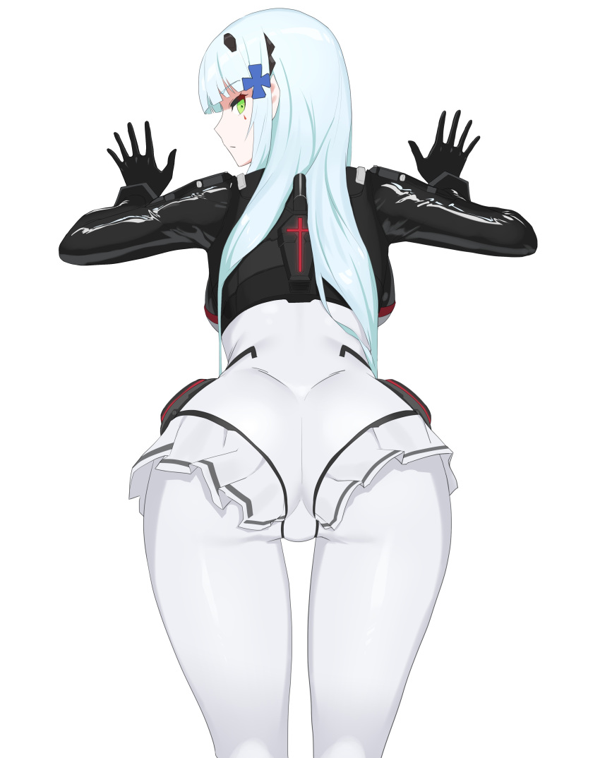 1girl absurdres arm_support ass bangs bodysuit breasts closed_mouth copper eyebrows_visible_through_hair feet_out_of_frame girls'_frontline green_eyes hair_ornament hairclip highres hk416_(girls'_frontline) hk416_(midnight_evangelion)_(girls'_frontline) leaning_forward light_blue_hair long_hair looking_back miniskirt multicolored_bodysuit multicolored_clothes official_alternate_costume skirt solo standing teardrop_facial_mark teardrop_tattoo thighs white_background