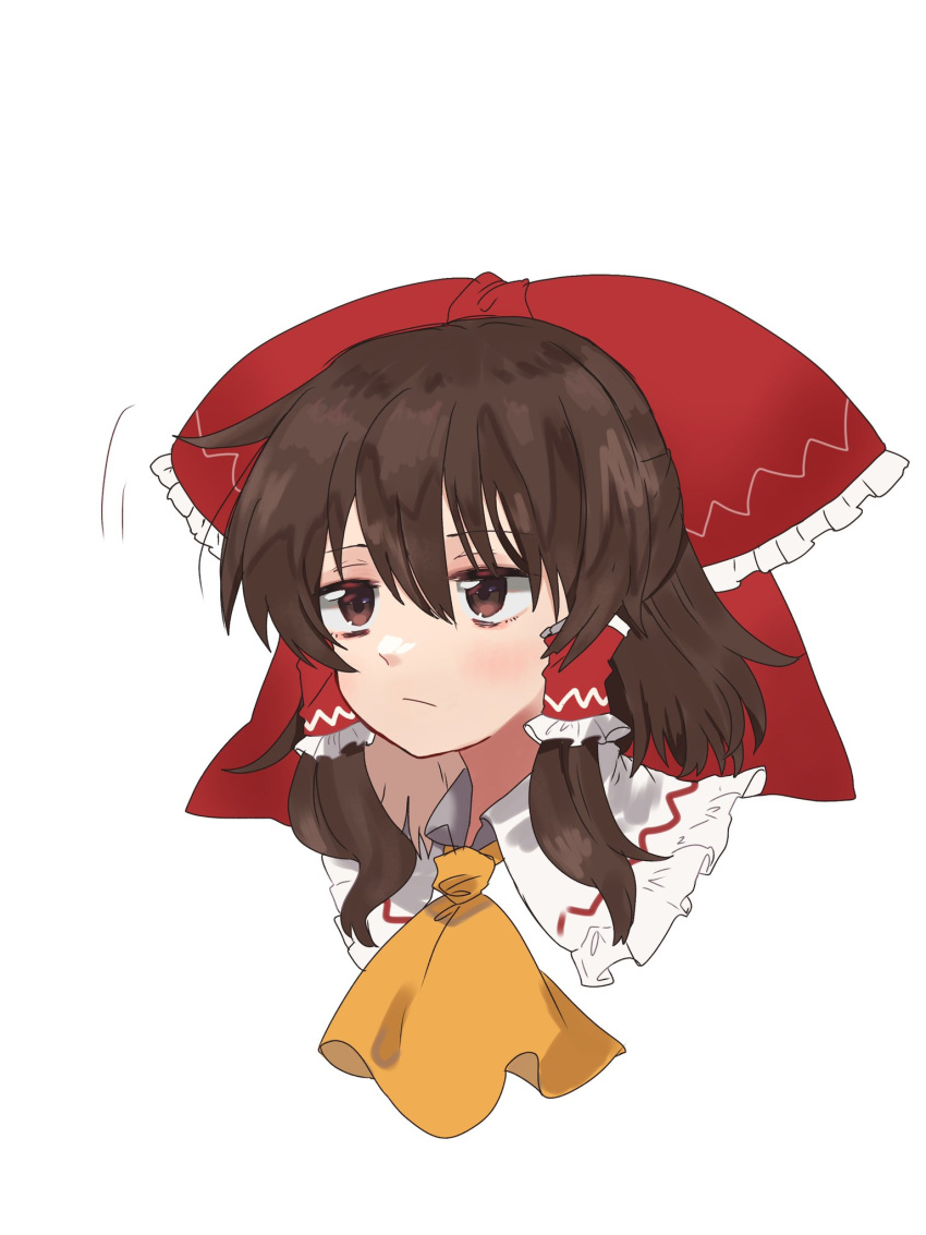 1girl ascot bangs blush bow brown_eyes brown_hair closed_mouth eyebrows_visible_through_hair eyes_visible_through_hair frills hair_between_eyes hair_ornament hair_tubes hakurei_reimu highres looking_to_the_side red_bow short_hair simple_background solo touhou uchisaki_himari upper_body white_background yellow_ascot