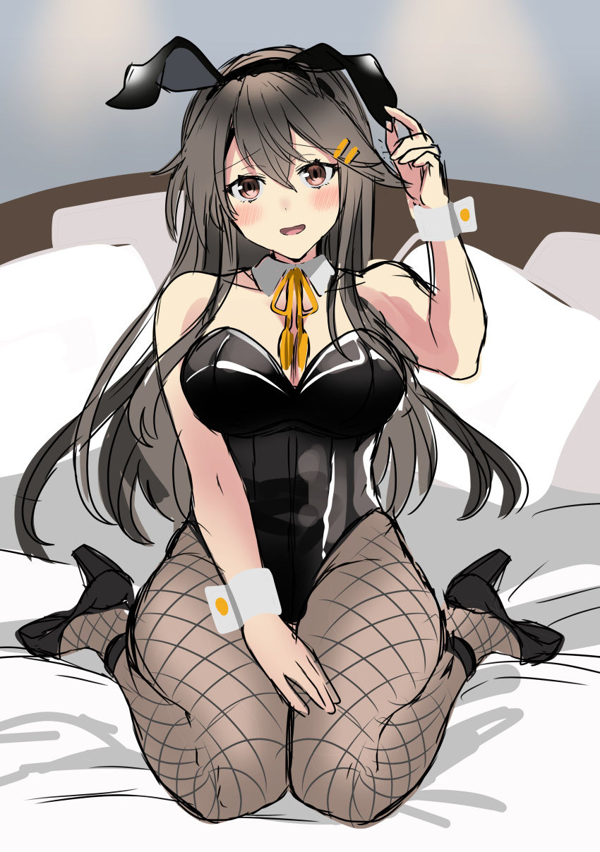 1girl absurdres animal_ears bed black_hair black_legwear black_leotard breasts brown_eyes cleavage commentary_request detached_collar fake_animal_ears fishnet_legwear fishnets hair_ornament hairclip haruna_(kancolle) highres kantai_collection large_breasts leotard long_hair pantyhose pillow playboy_bunny rabbit_ears ribbon sitting solo strapless strapless_leotard wariza wrist_cuffs yellow_ribbon yunamaro