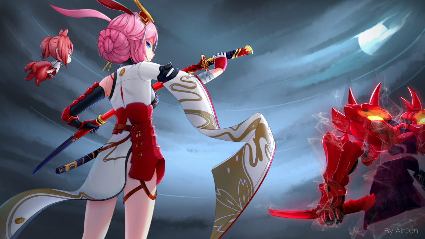 2girls airjun animal_ears armor artist_name back bangs blue_eyes closed_mouth floating_hair fox_ears fox_girl fox_tail gauntlets hair_bun highres holding holding_sword holding_weapon honkai_(series) honkai_impact_3rd japanese_armor japanese_clothes katana kimono looking_at_viewer looking_back multiple_girls pink_hair purple_eyes sheath single_gauntlet sword tail unsheathing weapon white_kimono yae_sakura yae_sakura_(flame_sakitama)