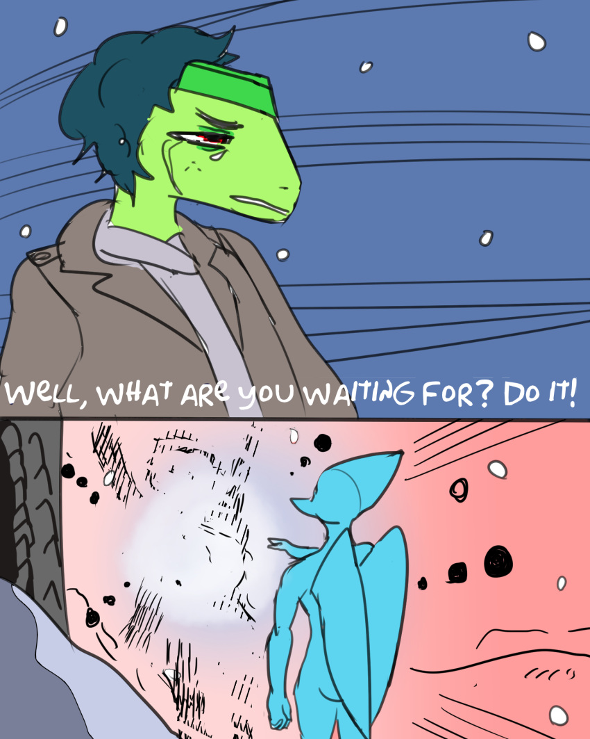 anthro blue_body bodily_fluids clothed clothing comic crossover crying dinosaur duo english_text explosion goodbye_volcano_high green_body green_skin hi_res humanoid male meme milhouse_(gvh) naser_(gvh) red_eyes reptile scalie snoot_game_(fan_game) snow snowing tears text unknown_artist watchmen