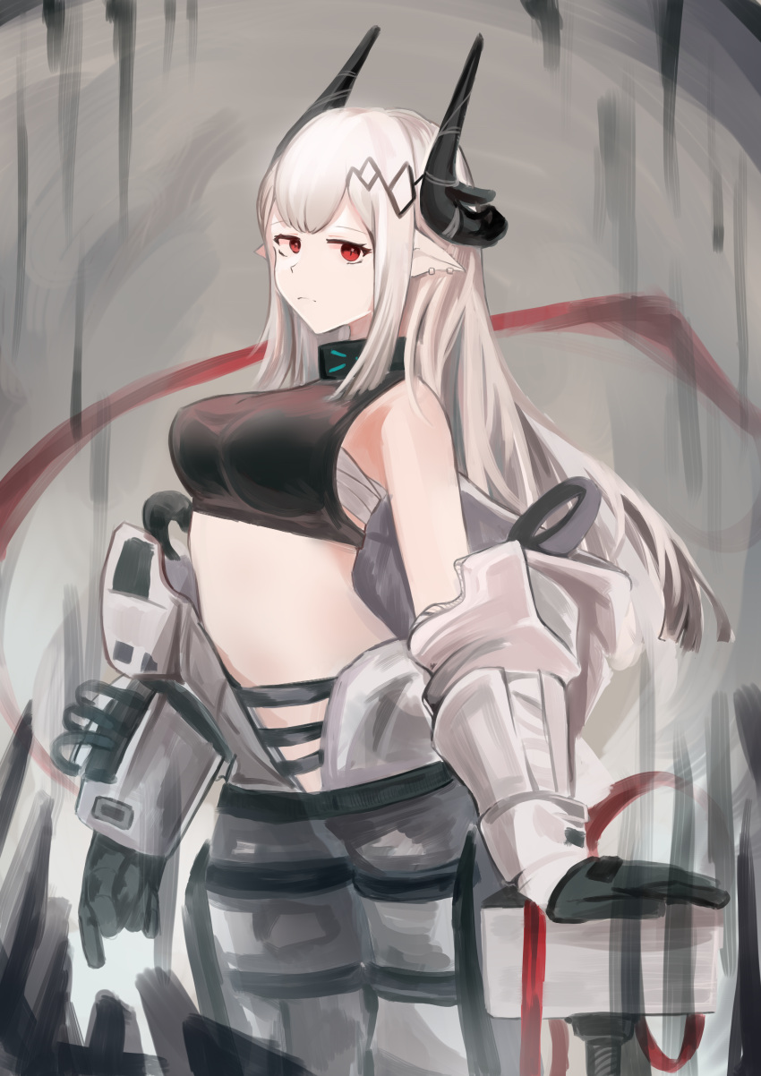 1girl absurdres arknights bandages bangs bare_shoulders black_choker black_gloves breasts choker commentary_request cowboy_shot crop_top gloves highres horns infection_monitor_(arknights) large_breasts long_hair looking_at_viewer midriff mizuhashi_parusui mudrock_(arknights) no_navel off_shoulder pointy_ears red_eyes sarashi solo sports_bra standing stomach very_long_hair white_hair