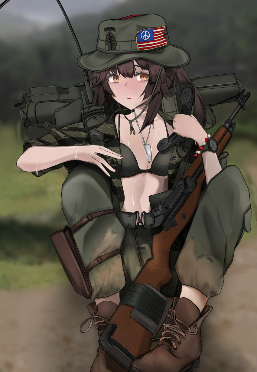 1girl absurdres american_flag bad_id bad_pixiv_id bangs battle_rifle bikini bikini_top_only blush breasts brown_hair cleavage dog_tags full_body girls'_frontline gun hat highres long_hair m14 m14_(girls'_frontline) medium_breasts orange_hair peace_symbol pz-15 rifle sitting solo sweat swimsuit twintails weapon