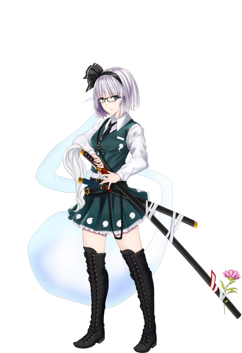 1girl absurdres black_hairband black_necktie black_ribbon blue_eyes bob_cut boots collared_shirt cross-laced_footwear flower frilled_skirt frills full_body glasses green_eyes green_skirt green_vest hair_ribbon hairband highres hitodama_print katana konpaku_youmu necktie puffy_short_sleeves puffy_sleeves ribbon scabbard sheath sheathed shirt short_hair short_sleeves skirt skirt_set solo standing sword tachi-e thigh_boots thighhighs tk31 touhou transparent_background vest wakizashi weapon white_hair white_shirt