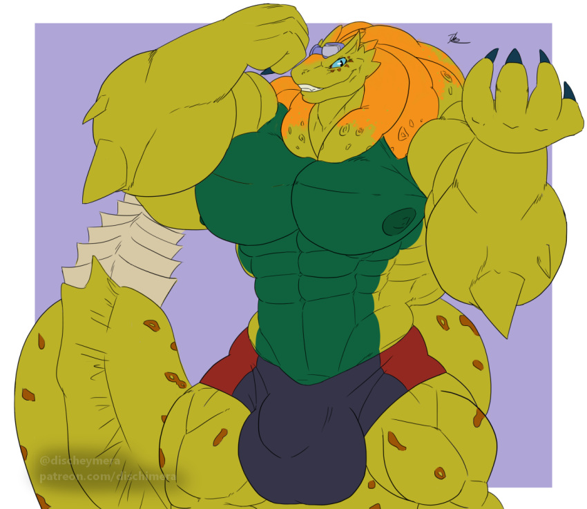 abs anthro big_bulge big_tail bulge capcom dischimera disneyishchimera flexing grin grinning_at_viewer huge_bulge hyper hyper_bulge large_pecs leviathan_(mh) lizard looking_at_viewer ludroth male monster monster_hunter muscular_arms muscular_thighs navel nipples pecs reptile royal_ludroth scalie smile solo thick_tail video_games