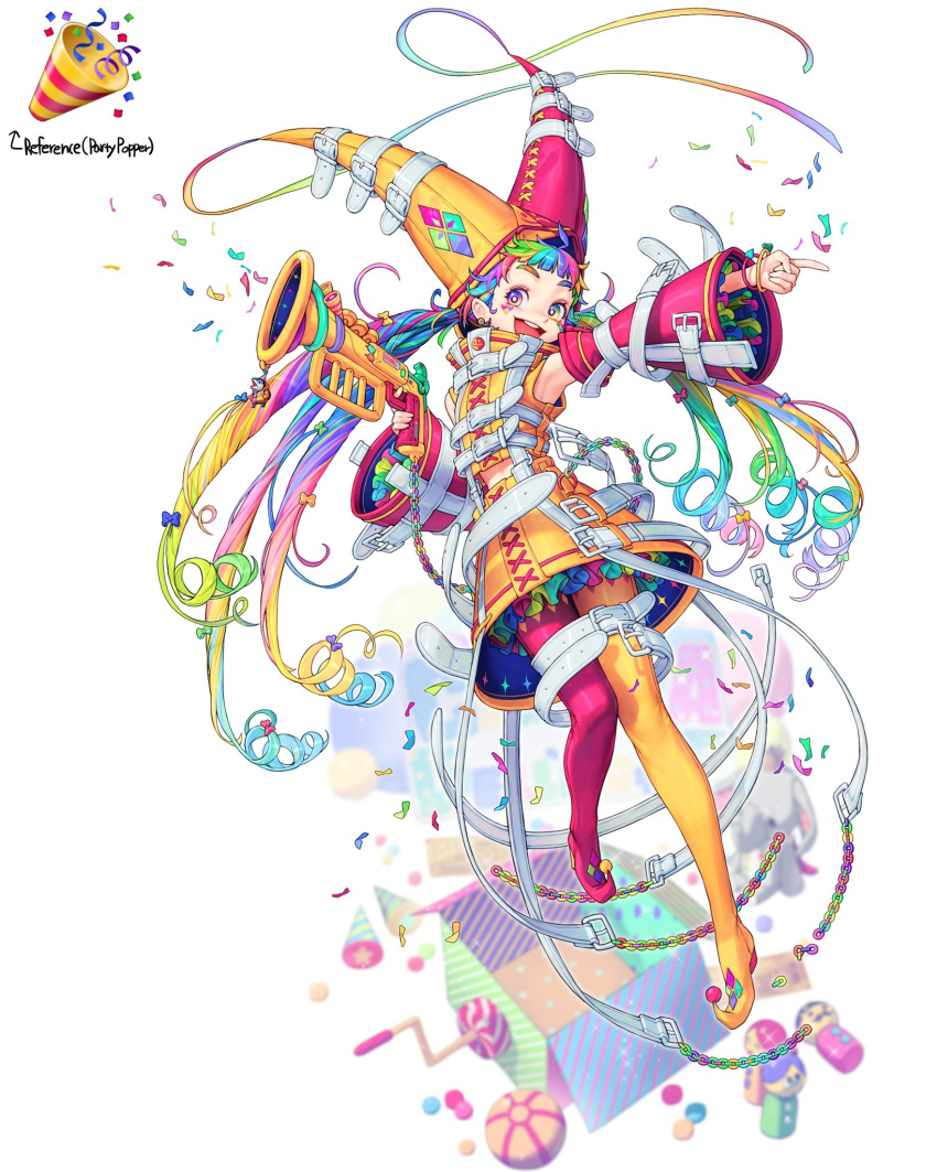 1girl :d belt belt_buckle bow bracelet buckle chain confetti detached_sleeves earrings frilled_skirt frilled_sleeves frills gun hair_bow handgun hat highres holding holding_gun holding_weapon instrument jack_in_the_box_(toy) jester jester_cap jewelry long_hair looking_at_viewer midriff multicolored_eyes multicolored_hair original party_popper pointy_footwear rainbow_hair rinotuna skirt smile solo teeth trumpet twintails upper_teeth weapon white_background