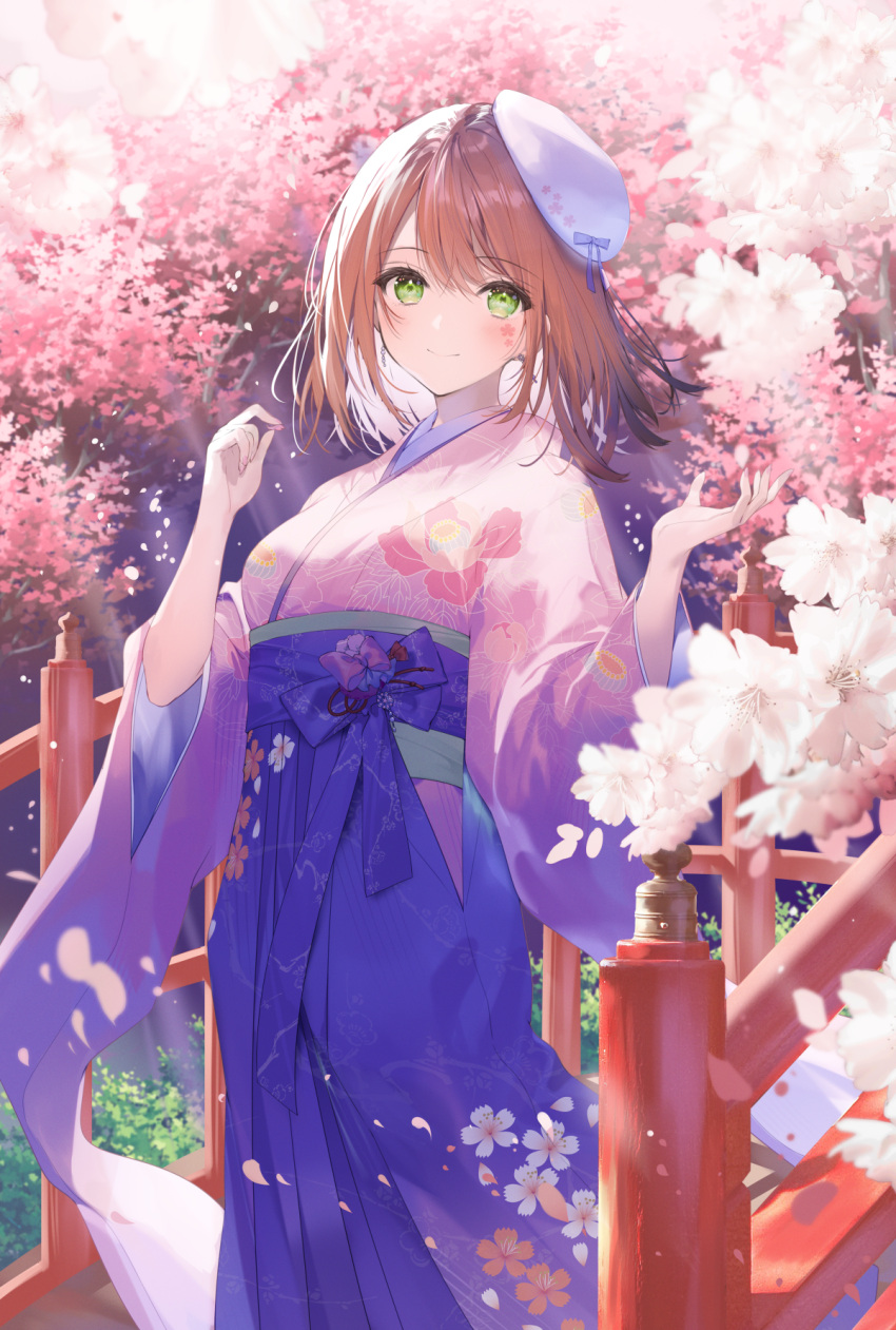 1girl bangs beret breasts bridge brown_hair cherry_blossoms closed_mouth commentary_request earrings eyebrows_visible_through_hair facial_mark feet_out_of_frame floral_print flower green_eyes green_sash hair_between_eyes hakama hakama_skirt hands_up hat highres holding holding_petal japanese_clothes jewelry kimono large_breasts looking_at_viewer medium_hair necomi original petals pink_flower pink_kimono purple_hakama sash skirt smile solo standing tree white_headwear wide_sleeves