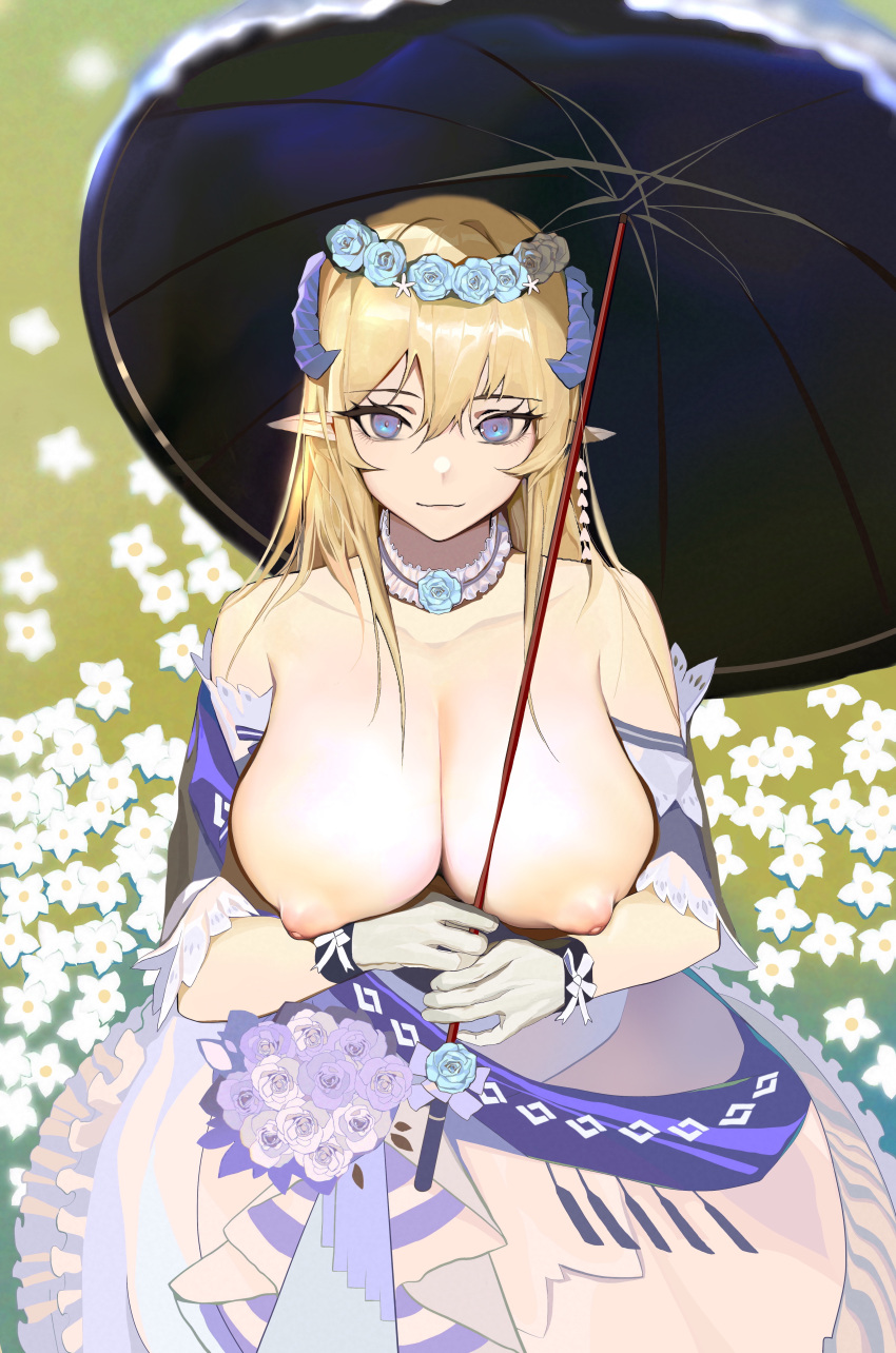 1girl absurdres arknights bangs bare_shoulders blonde_hair blue_eyes breasts breasts_out choker clothes_pull dress dress_pull eyebrows_visible_through_hair flower gloves hair_between_eyes head_wreath highres holding holding_umbrella horns inverted_nipples ken_(1057168252) long_hair looking_at_viewer off-shoulder_dress off_shoulder official_alternate_costume pointy_ears puffy_nipples saileach_(appreciate_fragrance)_(arknights) saileach_(arknights) smile solo umbrella white_dress white_flower white_gloves