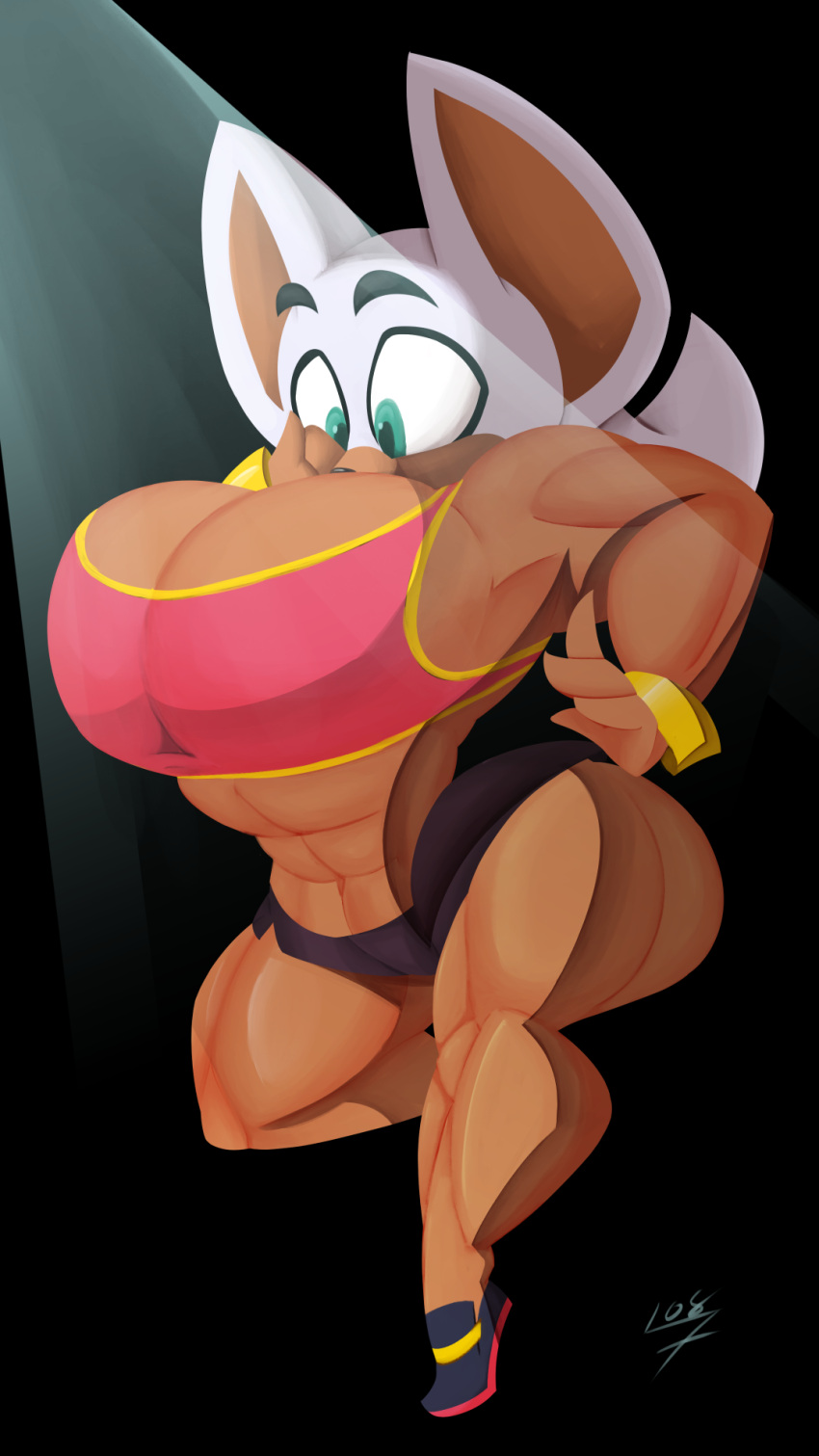 7-light-of-shadows-7 abs anthro biceps big_breasts biped breast_expansion breasts chiropteran clothed clothing expansion female growth hi_res mammal muscle_growth muscular muscular_anthro muscular_female pecs rouge_the_bat sega simple_background solo sonic_the_hedgehog_(series) video_games wide_hips