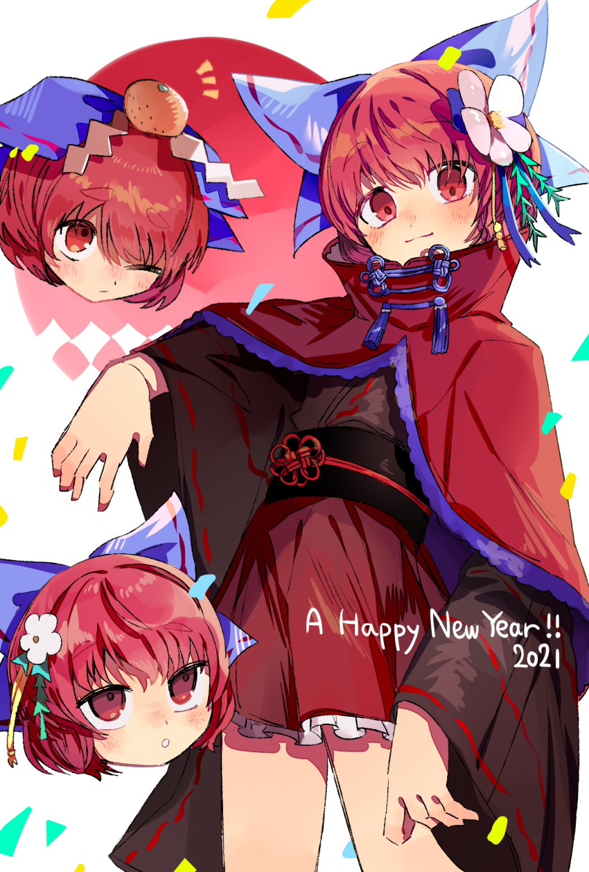 1girl 2021 :o ;| asuku_(69-1-31) bangs blue_bow blue_ribbon blush bow brown_shirt cape commentary disembodied_head floating_head flower food frilled_cape fruit hair_bow hair_flower hair_ornament happy_new_year highres long_sleeves looking_at_another looking_at_viewer mandarin_orange multiple_heads new_year notice_lines obi open_mouth petticoat red_cape red_eyes red_hair red_ribbon red_skirt ribbon ribbon-trimmed_sleeves ribbon_trim sash sekibanki shirt short_hair skirt smile solo touhou wide_sleeves