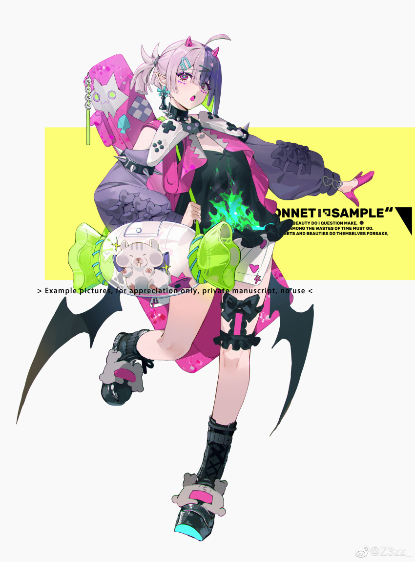 1girl absurdres ahoge bag black_footwear black_hair black_shirt breasts chess_piece controller demon_horns earrings four_of_hearts full_body game_controller gloves grey_hair hair_between_eyes hair_tie hamster highres holding_strap horns instrument_case instrument_on_back jacket jewelry long_sleeves looking_at_viewer low_wings multicolored_hair open_mouth original pink_jacket pointy_ears puffy_long_sleeves puffy_sleeves purple_eyes purple_gloves purple_hair shirt shoulder_bag single_glove solo split-color_hair standing standing_on_one_leg two-tone_hair wings z3zz4
