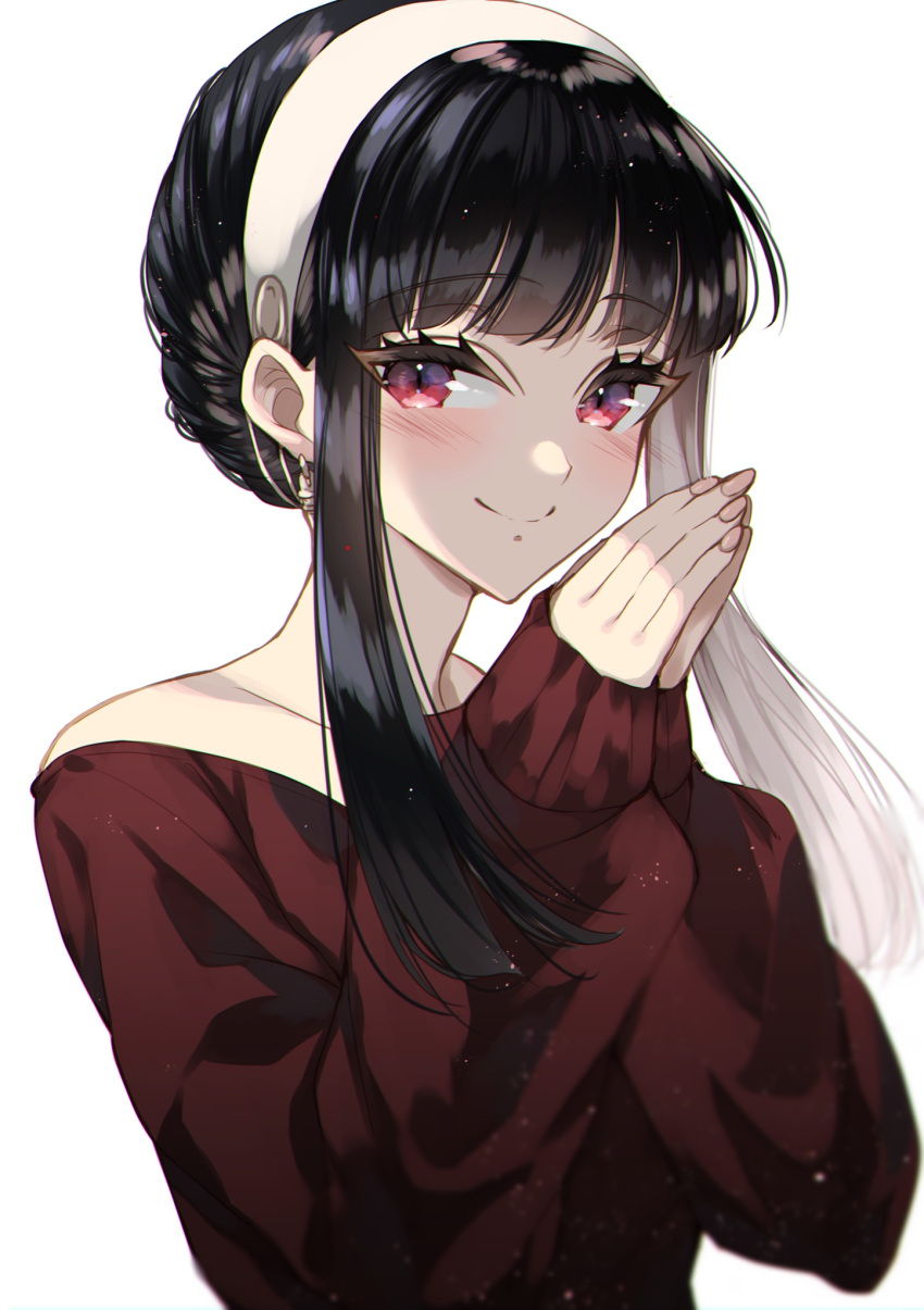 1girl bare_shoulders black_hair blush closed_mouth earrings hair_bun hairband half-closed_eyes highres jewelry long_sleeves looking_at_viewer misteor off-shoulder_sweater off_shoulder own_hands_together red_eyes red_sweater sidelocks simple_background solo spy_x_family sweater white_background yor_briar