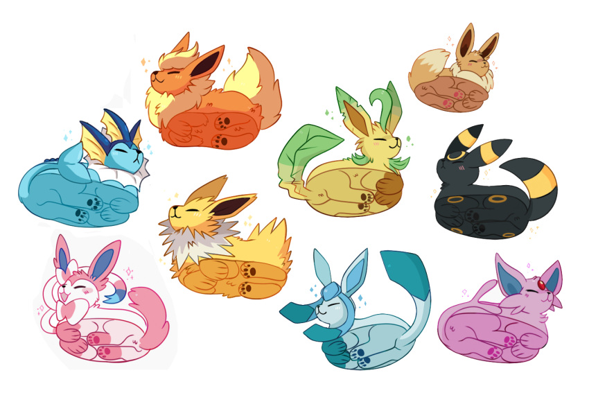 :&lt; :3 =_= cat_loaf closed_eyes eevee espeon flareon from_below glaceon leafeon lying no_humans open_mouth panicpuppy pokemon sylveon triangle_mouth umbreon vaporeon