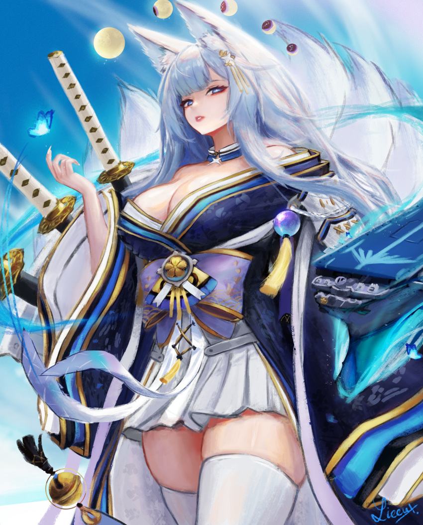 1girl absurdres animal_ear_fluff animal_ears azur_lane blue_butterfly blue_collar blue_eyes blue_kimono breasts bug butterfly cleavage collar fox_ears fox_girl from_below highres japanese_clothes kimono kitsune kyuubi large_breasts large_tail lieeux long_hair looking_at_viewer moon_phases multiple_swords multiple_tails off-shoulder_kimono sheath sheathed shinano_(azur_lane) skindentation skirt skirt_under_kimono solo tail thighhighs white_hair white_legwear white_skirt white_tail wide_sleeves