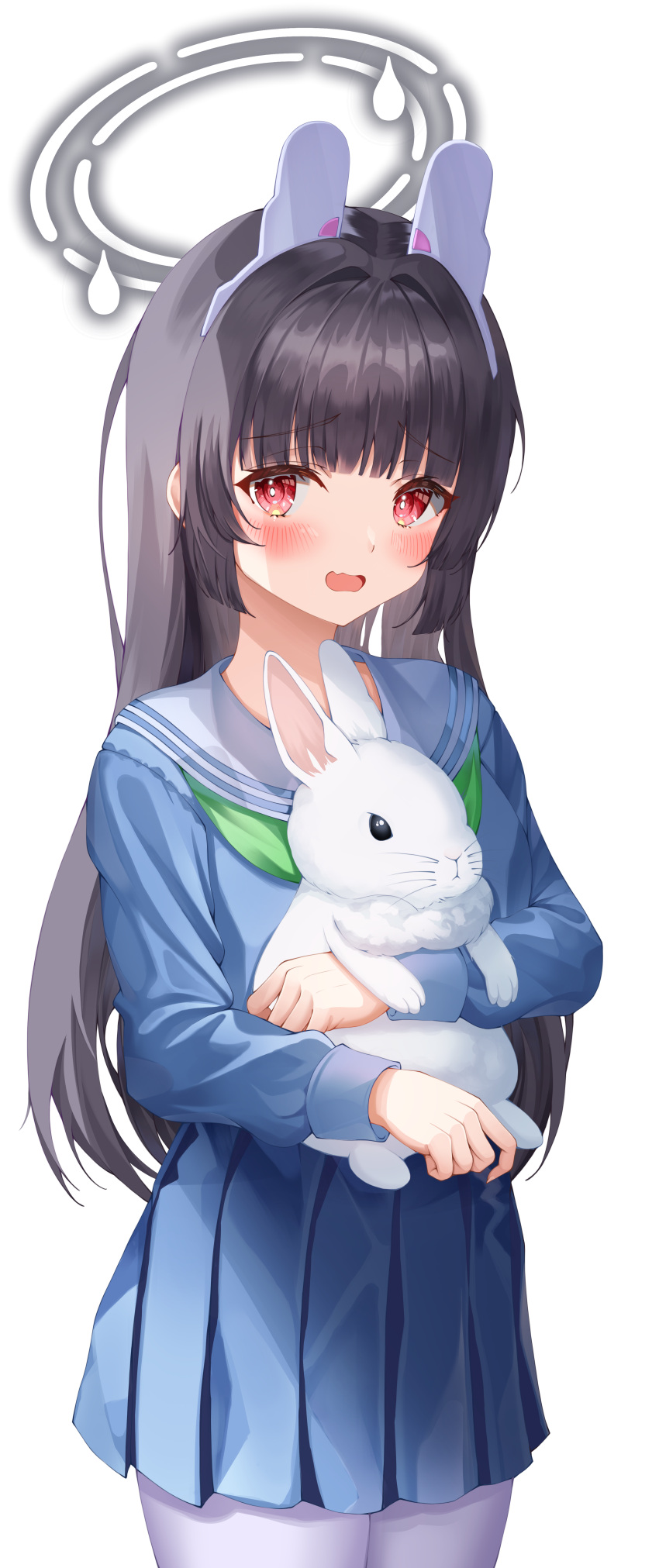 1girl absurdres ahoge animal_ears bangs bell black_hair blue_archive blunt_bangs eyebrows_visible_through_hair fake_animal_ears halo happy highres long_hair long_sleeves looking_at_viewer miyu_(blue_archive) pantyhose rabbit red_eyes school_uniform serafuku siru smile solo uniform white_legwear