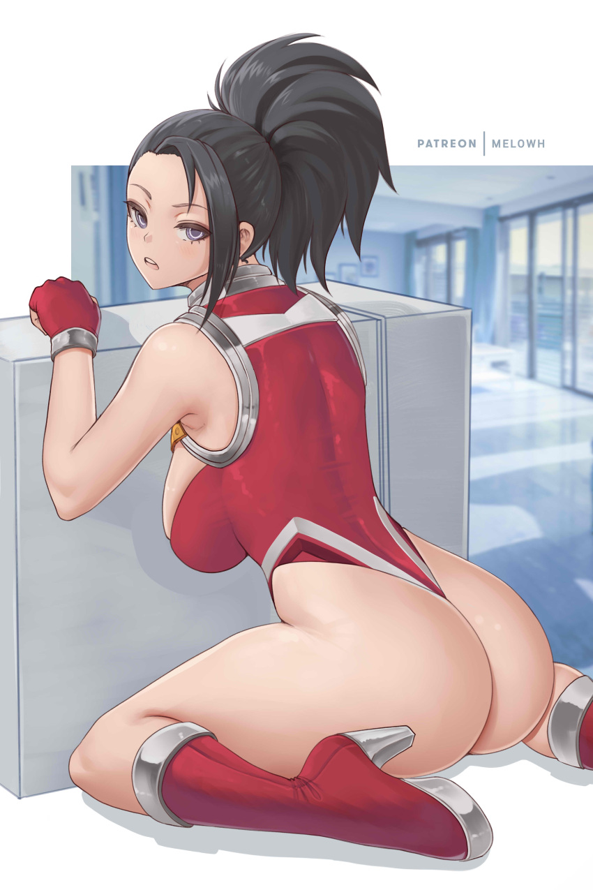 1girl absurdres ass asymmetrical_bangs bangs bare_shoulders black_hair boku_no_hero_academia boots breasts forehead from_behind gloves high_heels highleg highleg_leotard highres knee_boots large_breasts leotard long_bangs long_hair looking_at_viewer looking_back melowh open_mouth ponytail purple_eyes red_leotard sideboob sitting sleeveless solo thong_leotard tsurime wariza yaoyorozu_momo