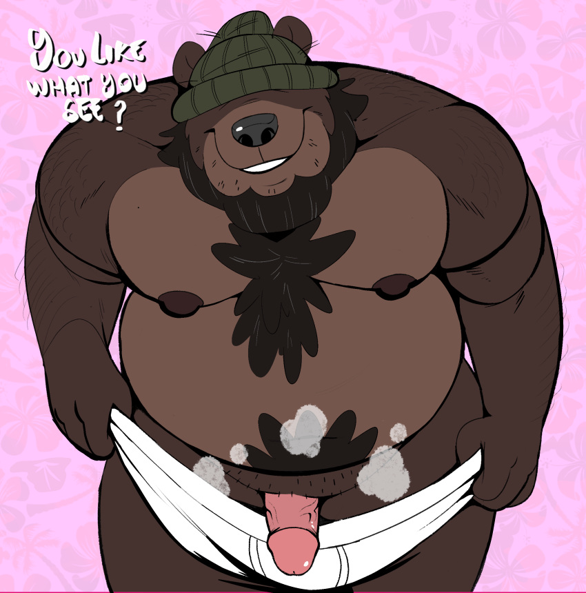 anthro beanie belly body_hair chubby_anthro chubby_male clothing covered_eyes facial_hair genitals hat headgear headwear hi_res jax_(thatcatwithabat) male mammal musk nipples penis solo spazz_bear ursid