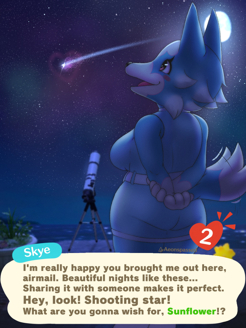 &lt;3 2022 aeonspassed animal_crossing anthro canid canine canis clothed clothing dialogue digital_media_(artwork) english_text female fingers full_moon hair hi_res mammal moon night nintendo open_mouth outside shooting_star skye_(animal_crossing) solo tail_motion tailwag telescope text video_games wolf