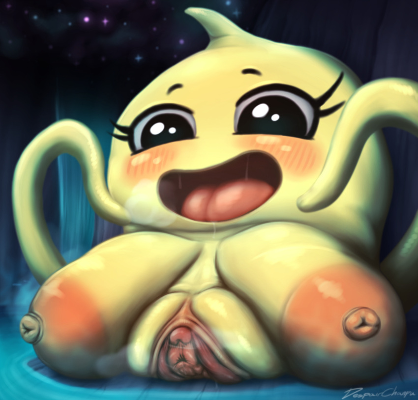 big_breasts blush bodily_fluids breasts despairchanpu drooling female genitals hi_res huge_breasts marine monster onionsan open_mouth plump_labia pussy saliva solo tentacles undertale_(series)