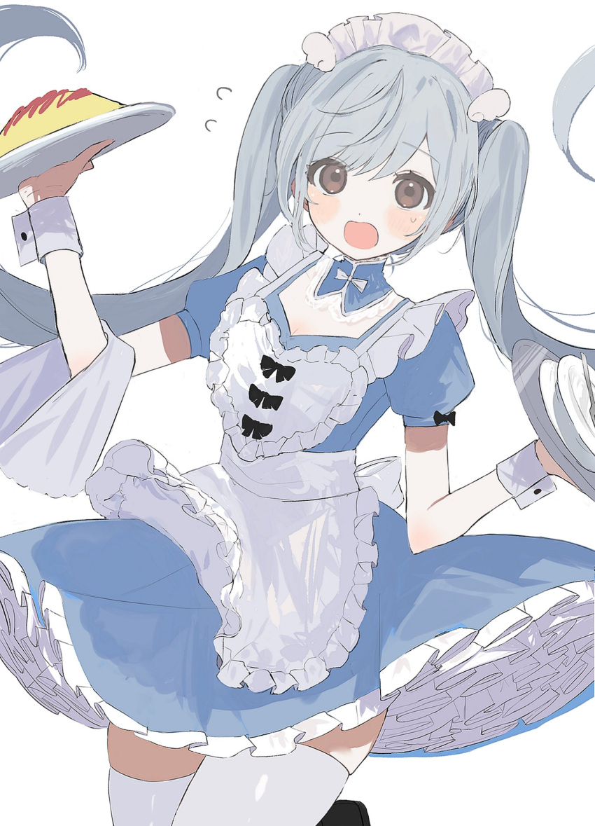 1girl apron bangs black_bow blue_dress bow brown_eyes commentary detached_sleeves dress flying_sweatdrops food frilled_apron frilled_dress frills grey_hair highres ketchup long_hair maid maid_day maid_headdress mechiru omelet omurice original petticoat plate puffy_short_sleeves puffy_sleeves short_sleeves sidelocks skindentation sleeve_bow solo sweat thighhighs towel tray twintails very_long_hair white_apron white_headwear wing_hair_ornament wrist_cuffs zettai_ryouiki