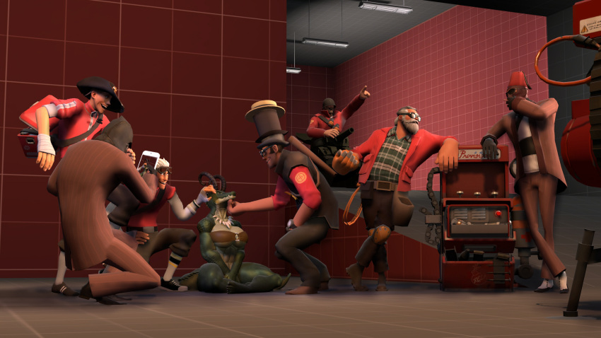 3d_(artwork) anthro clothed clothing crocodile crocodile_(petruz) crocodilian crocodylid digital_media_(artwork) dispenser_(team_fortress_2) engineer_(team_fortress_2) female group hat headgear headwear hi_res human humanoid male male/female mammal miss-mundany_(photolol.03) petting photolol.03 reptile scalie scout_(team_fortress_2) sentry_gun_(team_fortress_2) sitting sniper_(team_fortress_2) soldier_(team_fortress_2) source_filmmaker spy_(team_fortress_2) team_fortress_2 valve video_games