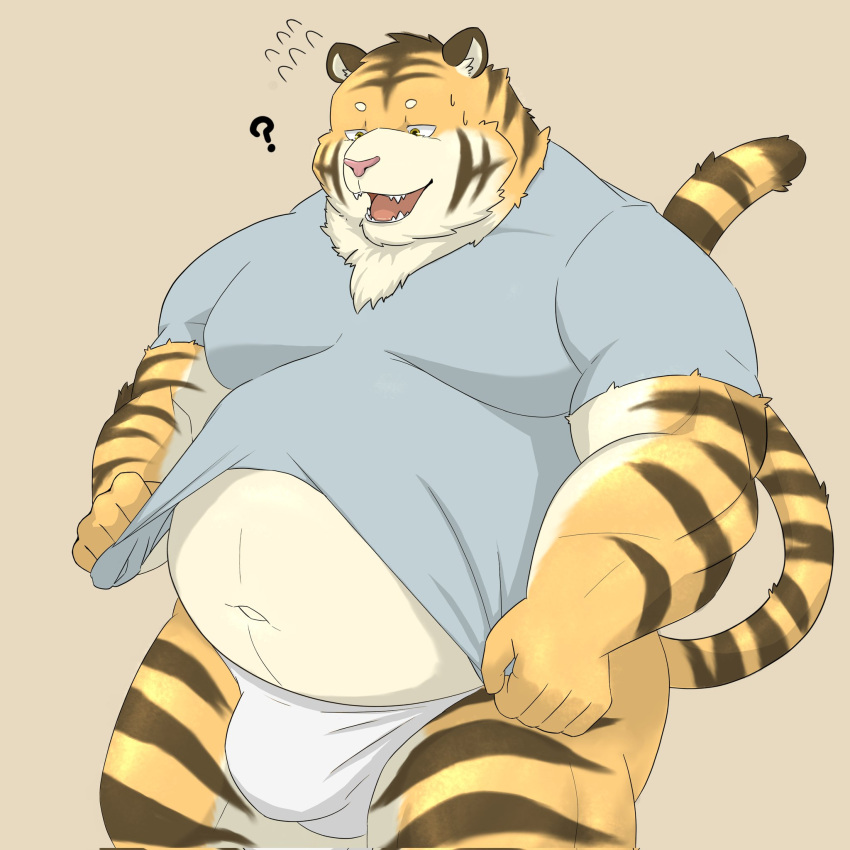 2022 anthro belly big_belly bulge clothing felid gomdepp hi_res kemono male mammal navel overweight overweight_male pantherine pink_nose question_mark shirt simple_background solo tiger topwear underwear white_clothing white_underwear
