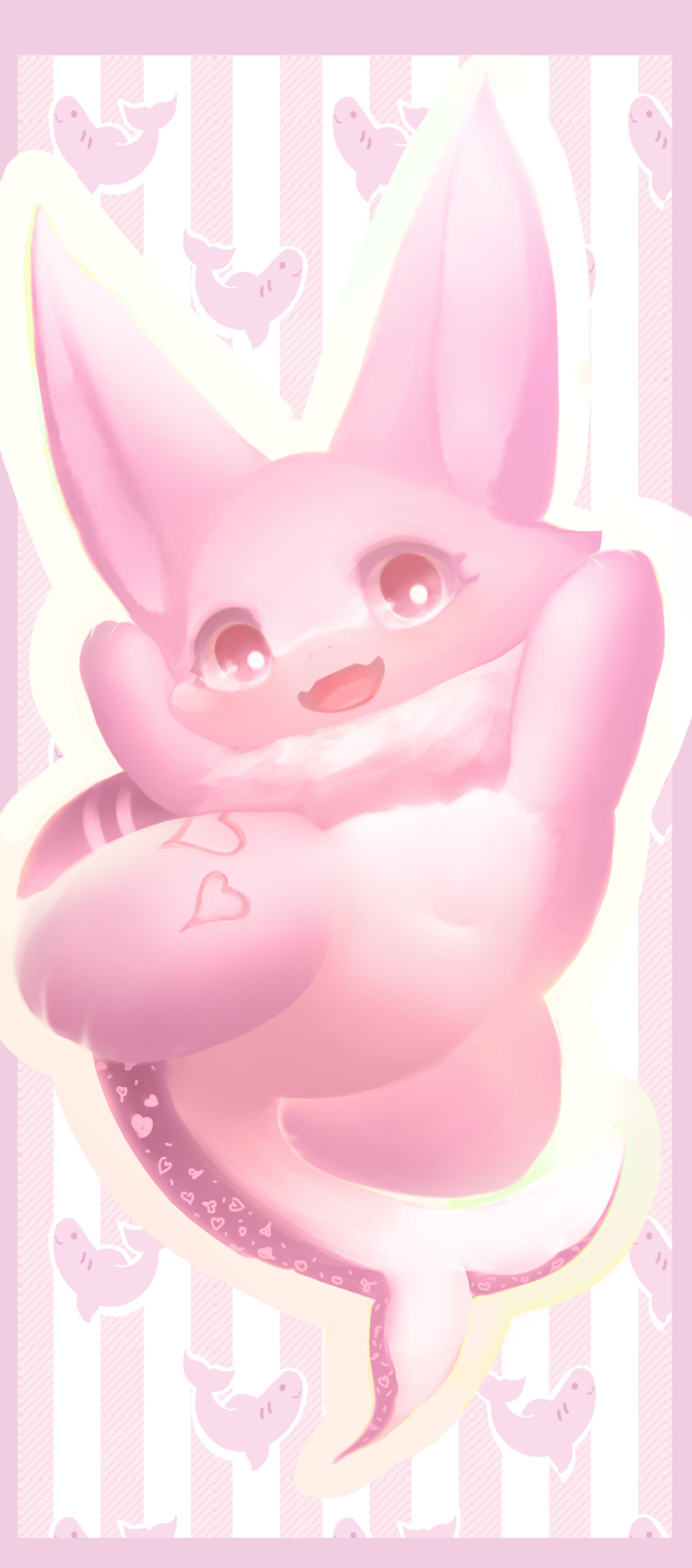 &lt;3 3_fingers 4_toes absurd_res anthro blush canid canine dorsal_fin featureless_crotch feet female fin fingers fish fur hasukii hi_res hybrid jumping kemono leg_markings long_ears looking_at_viewer mammal marine markings navel neck_tuft open_mouth paper_(redace83) pink_body pink_ears pink_eyes pink_fur pink_heart pink_inner_ear pink_skin pink_stripes prick_ears pupils raised_arms red_tongue shark shark_tail slightly_chubby smile solo stripes tail_markings thigh_markings toes tongue tuft unusual_pupils white_body white_pupils white_skin
