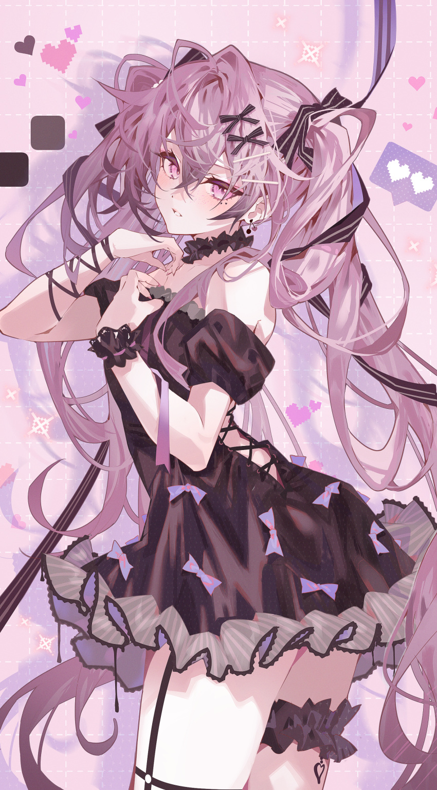 1girl absurdres arutera banned_artist bare_shoulders black_dress blush bow cherry_earrings collarbone dress earrings food-themed_earrings frilled_legwear garter_straps hair_between_eyes heart highres jewelry long_hair looking_at_viewer mole mole_under_eye off_shoulder original parted_lips pink_eyes pixel_heart purple_bow purple_hair solo sparkle speech_bubble spoken_heart square thigh_strap twintails very_long_hair