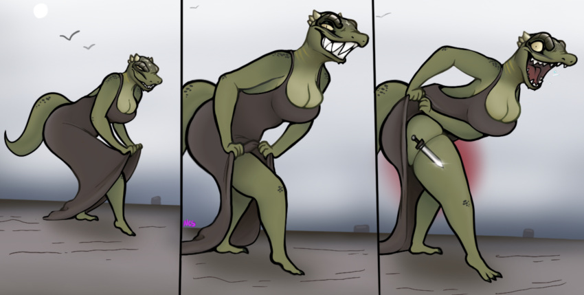 2022 anthro argonian barefoot bethesda_softworks big_breasts breasts cleavage clothed clothing clothing_lift comic dagger deeja dress dress_lift feet female hi_res horn humor leaning leaning_forward legband looking_at_viewer melee_weapon multiple_scenes narrowed_eyes ncs non-mammal_breasts open_mouth open_smile outside scales scalie skyrim smile solo squish standing teeth the_elder_scrolls thigh_squish tongue video_games weapon wide_eyed