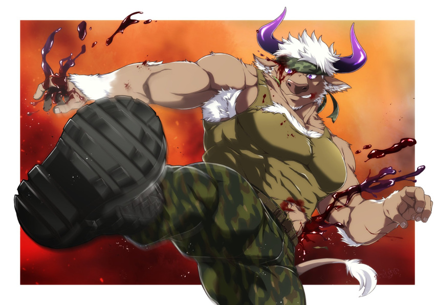 1461_1641 abs accessory anthro blood bodily_fluids bovid bovine cattle clothing headband hi_res horn lifewonders male mammal muscular muscular_male pecs shennong shirt solo tank_top tokyo_afterschool_summoners topwear video_games wounded